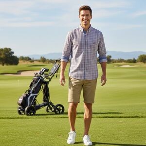 Tailorbyrd Shirt Mens L Pink Blue Stretch Plaid Long Sleeve Button Preppy Golf